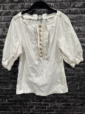 Walter White Ruffle-Front Puff Sleeve Top with gold button detail